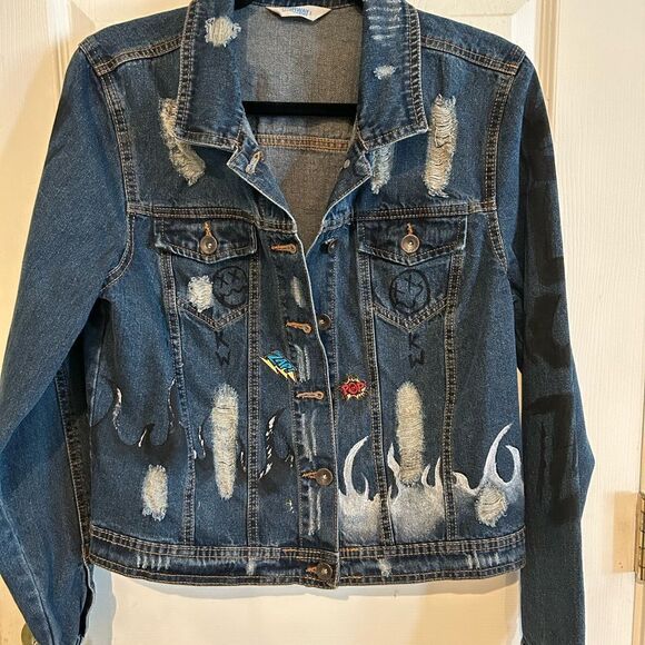 Highway Jeans Denim Jacket Cropped Distressed Customized 100% Cotton L - Picture 7 of 9
